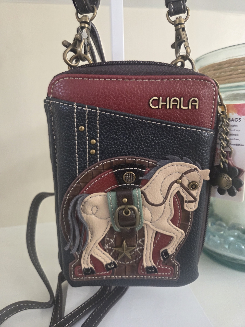 Chala Black and Burgundy Crossbody Bag with Horse Applique, New With Tags